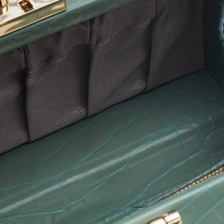 Pre Owned Aspinal of London Green Croc Emboosed Patent Leather Trinket Top Handle Bag 