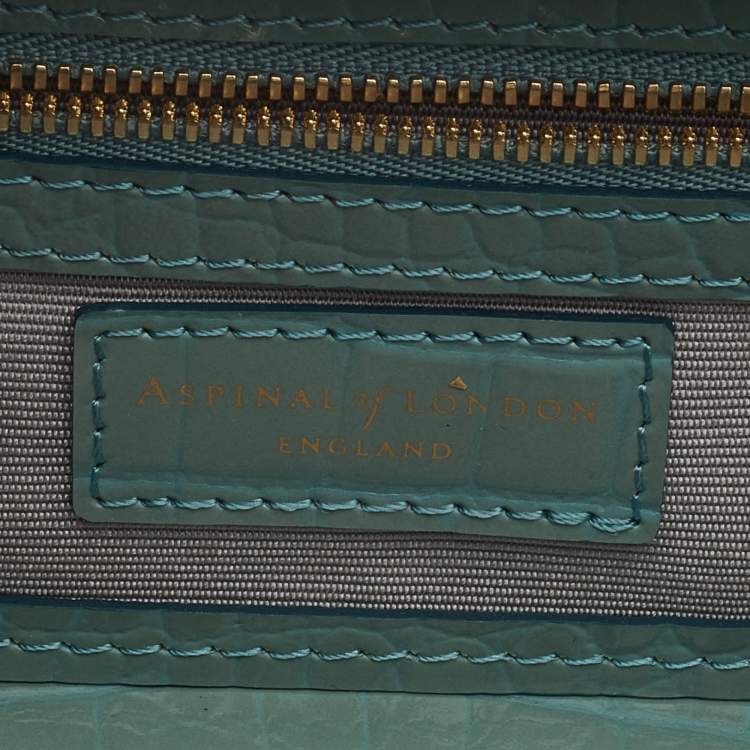 Pre Owned Aspinal of London Green Croc Emboosed Patent Leather Trinket Top Handle Bag 