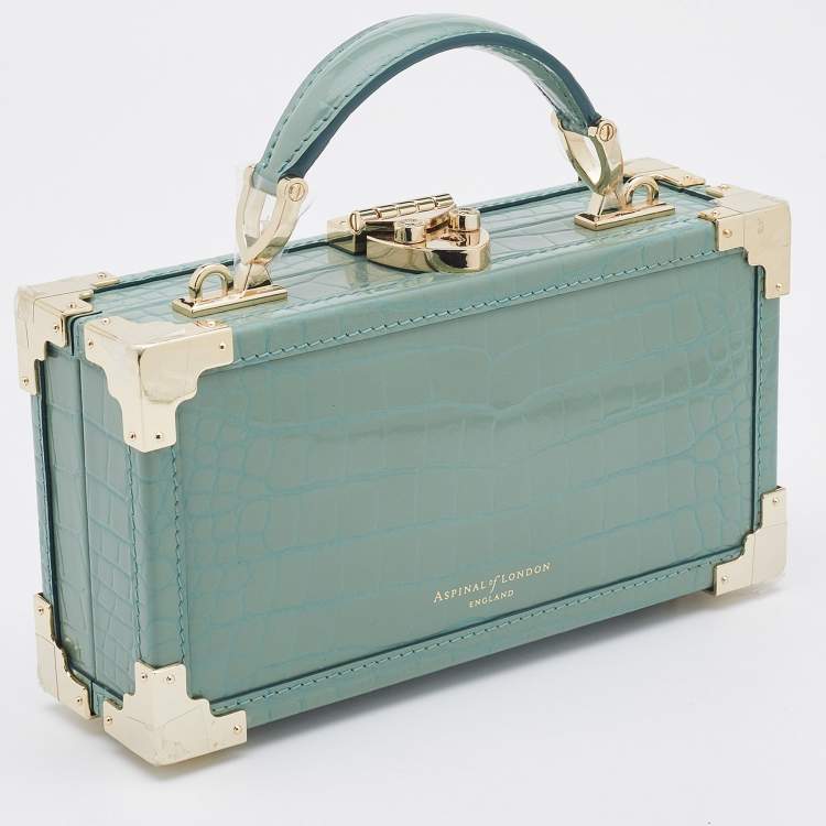 Pre Owned Aspinal of London Green Croc Emboosed Patent Leather Trinket Top Handle Bag 