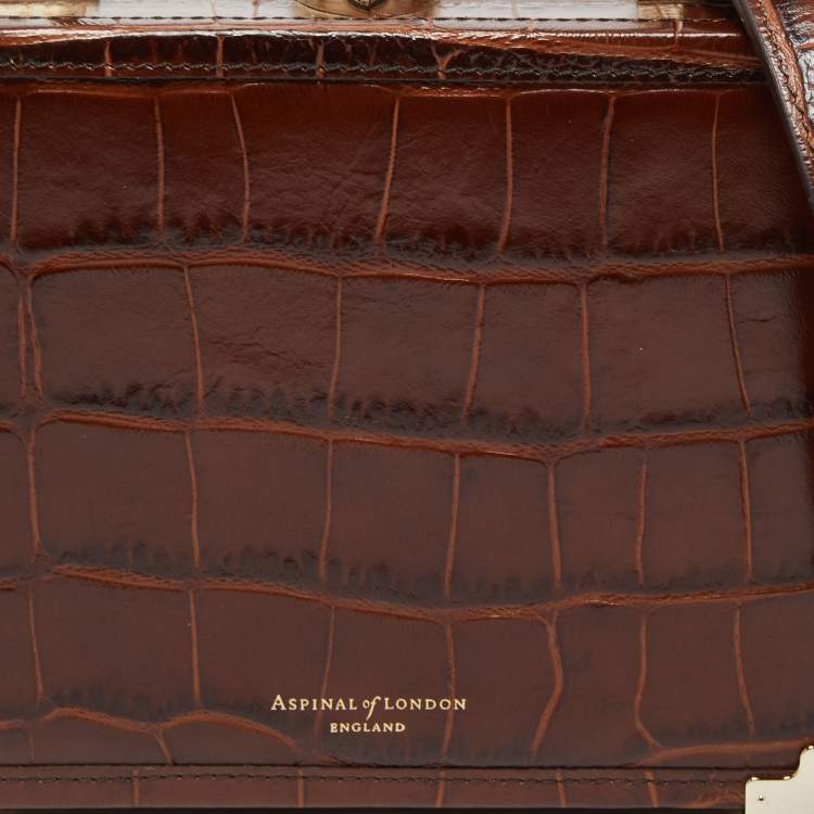 Pre Owned Aspinal Of London Brown Croc Embossed Leather Trunk Top Handle Bag