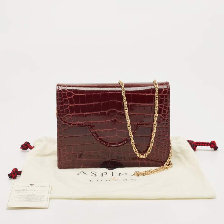 Pre Owned Aspinal Of London Burgundy Croc Embossed Leather Chain Clutch