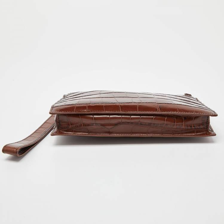 Pre Owned Aspinal Of London Brown Croc Embossed Leather Soho Clutch
