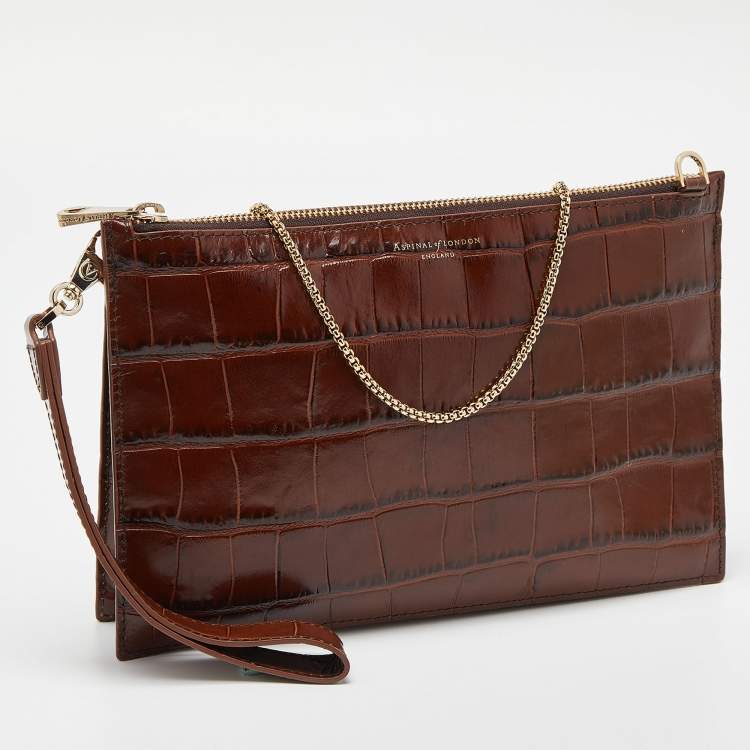 Pre Owned Aspinal Of London Brown Croc Embossed Leather Soho Clutch