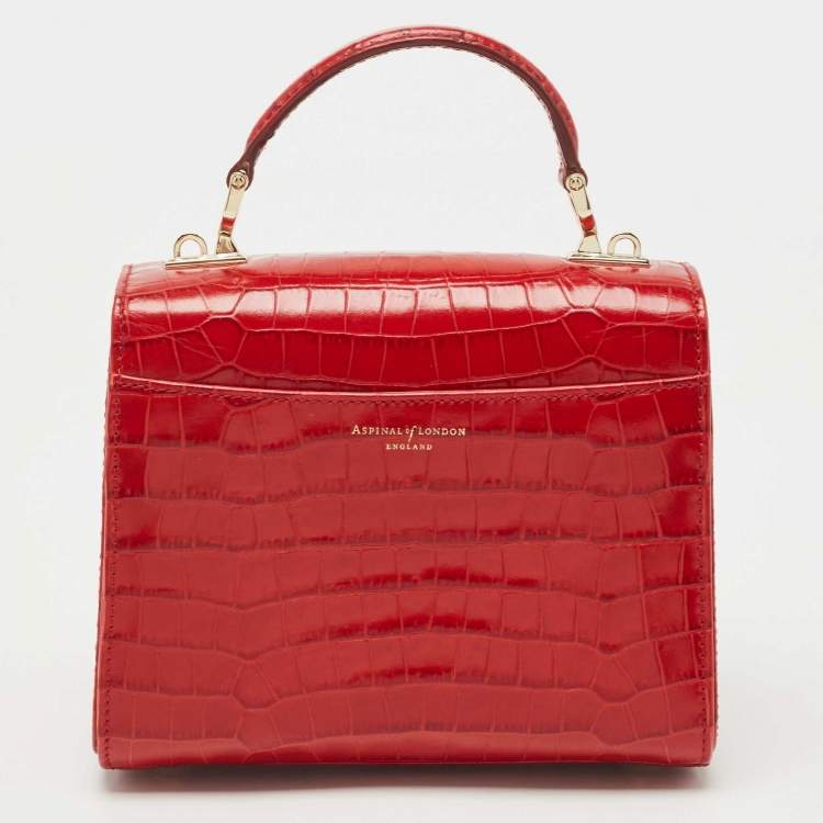 Pre Owned Aspinal of London Red Croc Embossed Leather Small Mayfair Top Handle Bag