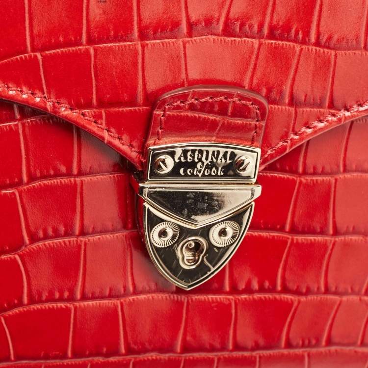 Pre Owned Aspinal of London Red Croc Embossed Leather Small Mayfair Top Handle Bag