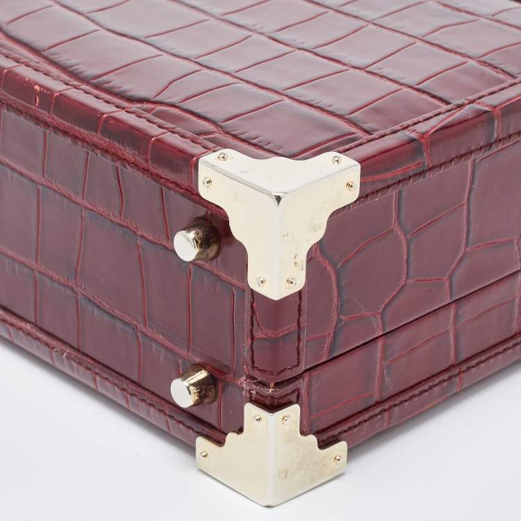 مملوكة مسبقًا Aspinal Of London Burgundy Croc Embossed Leather Trunk Top Handle Bag