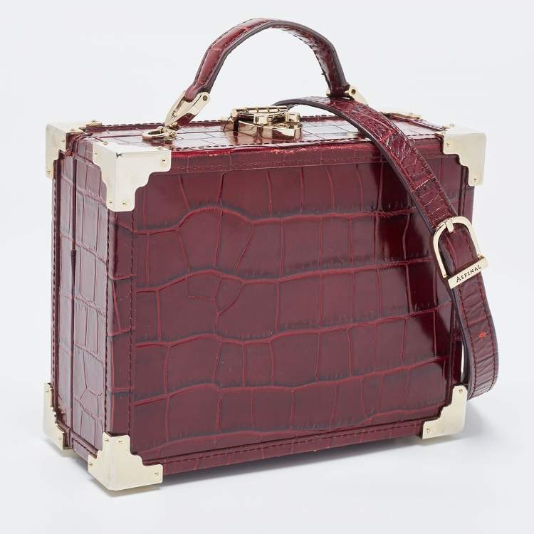 مملوكة مسبقًا Aspinal Of London Burgundy Croc Embossed Leather Trunk Top Handle Bag