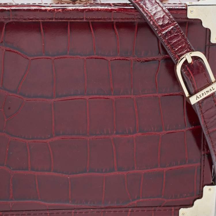 مملوكة مسبقًا Aspinal Of London Burgundy Croc Embossed Leather Trunk Top Handle Bag
