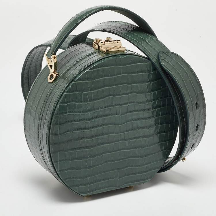 Pre Owned Aspinal Of London Green Croc Embossed Leather Hat Box Top Handle Bag
