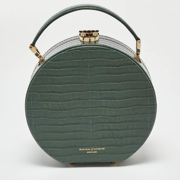 Pre Owned Aspinal Of London Green Croc Embossed Leather Hat Box Top Handle Bag