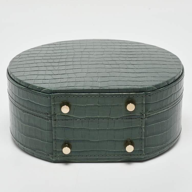 Pre Owned Aspinal Of London Green Croc Embossed Leather Hat Box Top Handle Bag