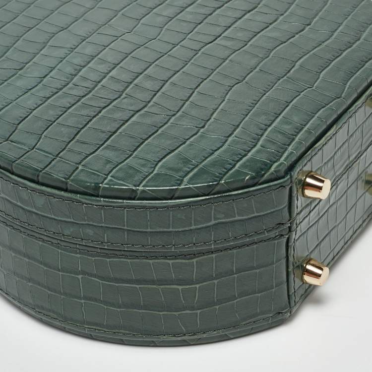 Pre Owned Aspinal Of London Green Croc Embossed Leather Hat Box Top Handle Bag