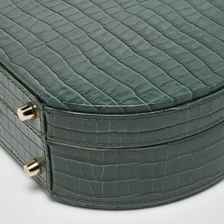 Pre Owned Aspinal Of London Green Croc Embossed Leather Hat Box Top Handle Bag