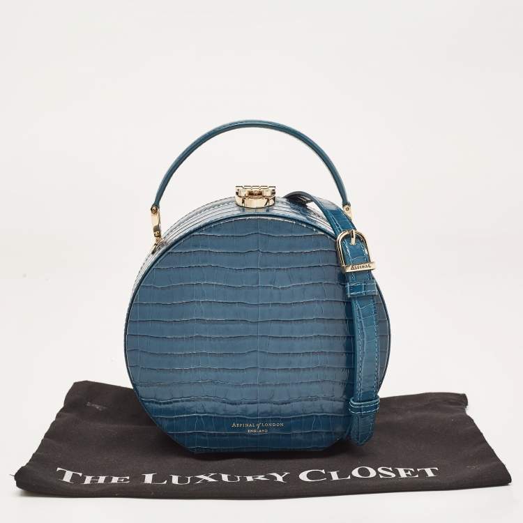 Pre Owned Aspinal Of London Teal Blue Croc Embossed Leather Hat Box Shoulder Bag