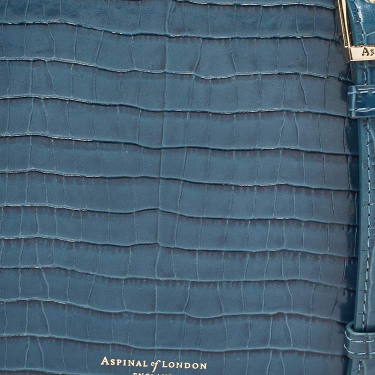 Pre Owned Aspinal Of London Teal Blue Croc Embossed Leather Hat Box Shoulder Bag