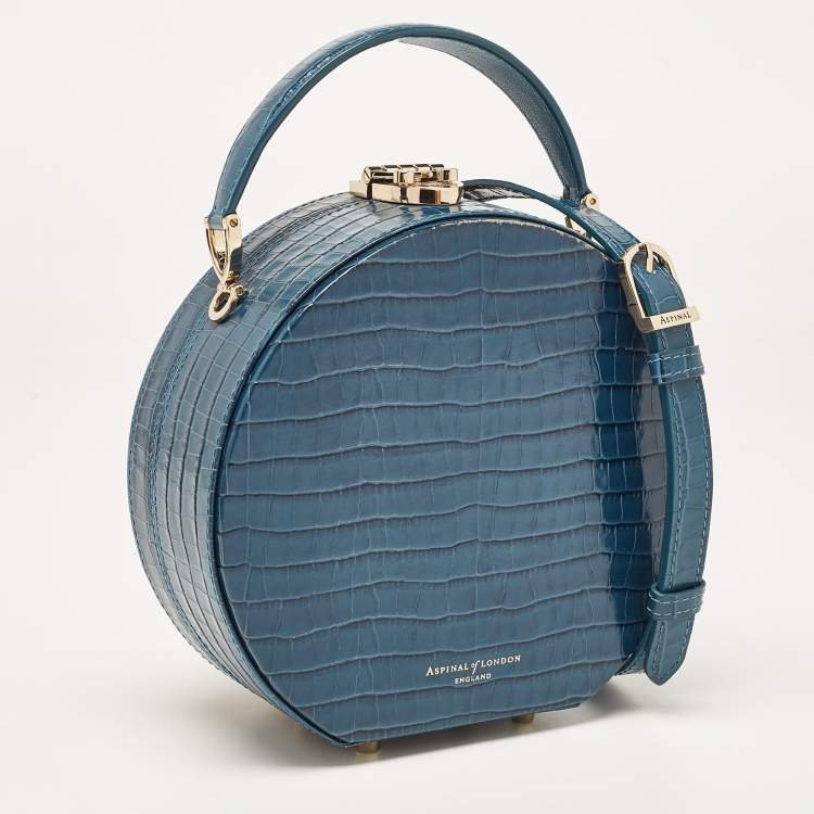 Pre Owned Aspinal Of London Teal Blue Croc Embossed Leather Hat Box Shoulder Bag