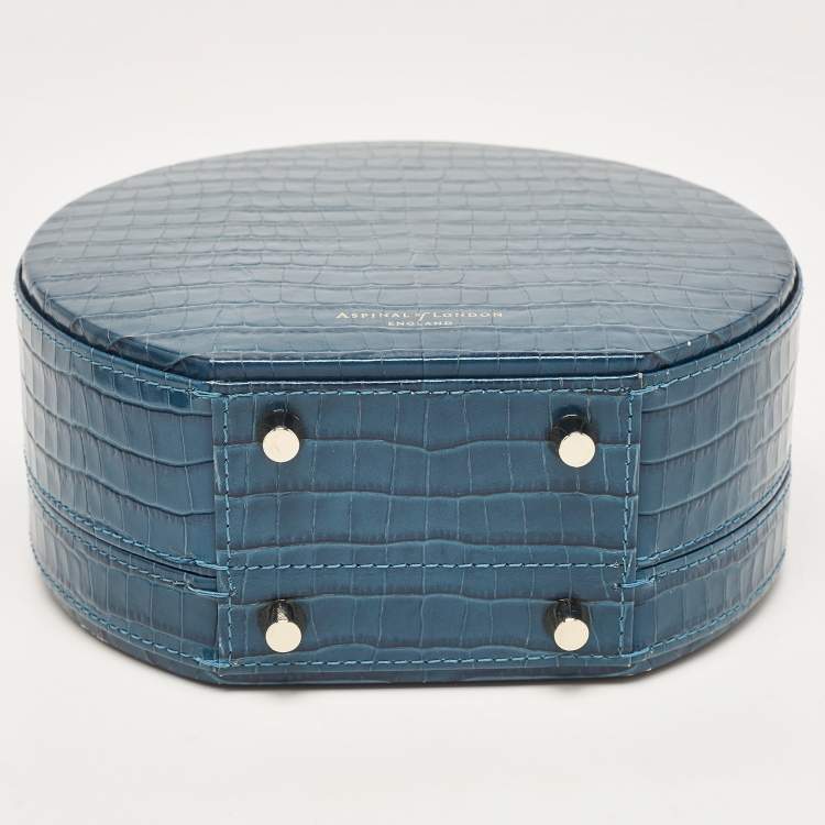 Pre Owned Aspinal Of London Teal Blue Croc Embossed Leather Hat Box Shoulder Bag