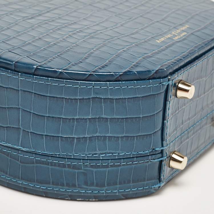 Pre Owned Aspinal Of London Teal Blue Croc Embossed Leather Hat Box Shoulder Bag