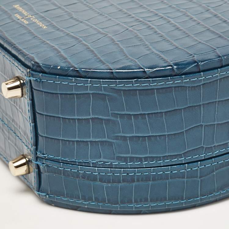 Pre Owned Aspinal Of London Teal Blue Croc Embossed Leather Hat Box Shoulder Bag