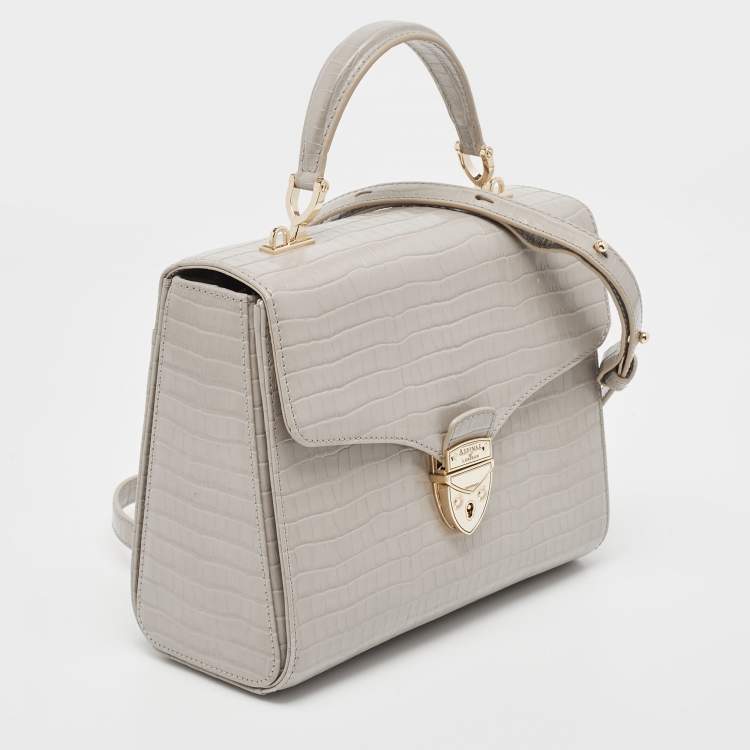 Pre Owned Aspinal Of London Grey Croc Embossed Leather Mayfair Top Handle Bag