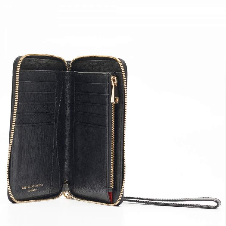 Pre Owned Aspinal Of London Black Leather Zip Around Wristlet Wallet