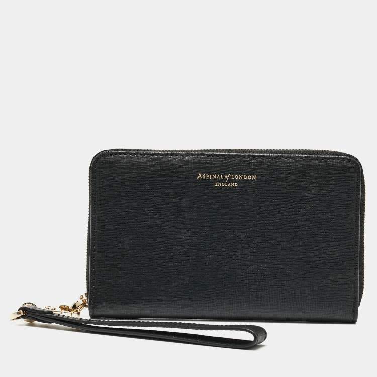 Pre Owned Aspinal Of London Black Leather Zip Around Wristlet Wallet