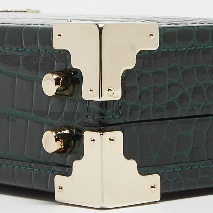 Pre Owned Aspinal of London Green Croc Emboosed Patent Leather Trinket Top Handle Bag 