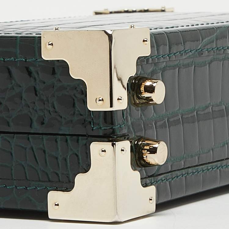 Pre Owned Aspinal of London Green Croc Emboosed Patent Leather Trinket Top Handle Bag 