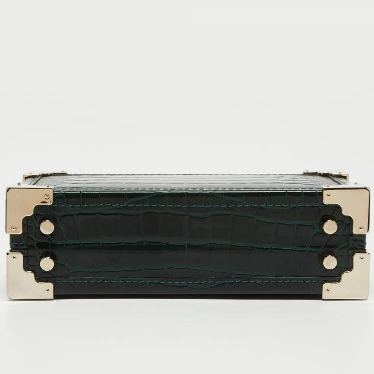 Pre Owned Aspinal of London Green Croc Emboosed Patent Leather Trinket Top Handle Bag 