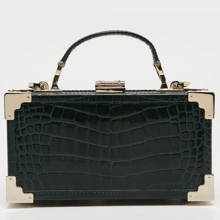 Pre Owned Aspinal of London Green Croc Emboosed Patent Leather Trinket Top Handle Bag 
