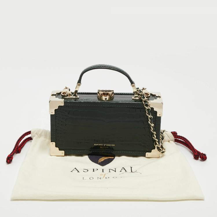 Pre Owned Aspinal of London Green Croc Emboosed Patent Leather Trinket Top Handle Bag 