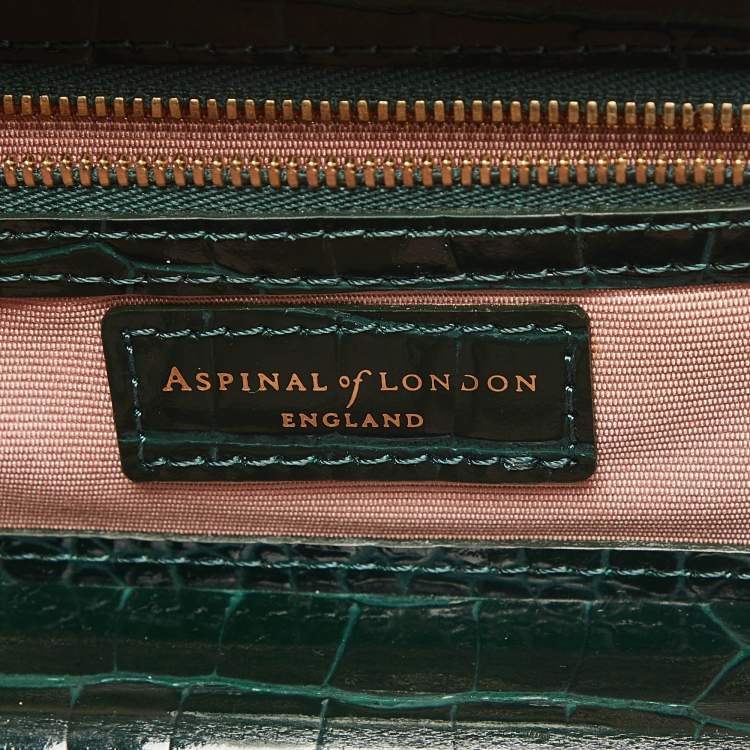 Pre Owned Aspinal of London Green Croc Emboosed Patent Leather Trinket Top Handle Bag 