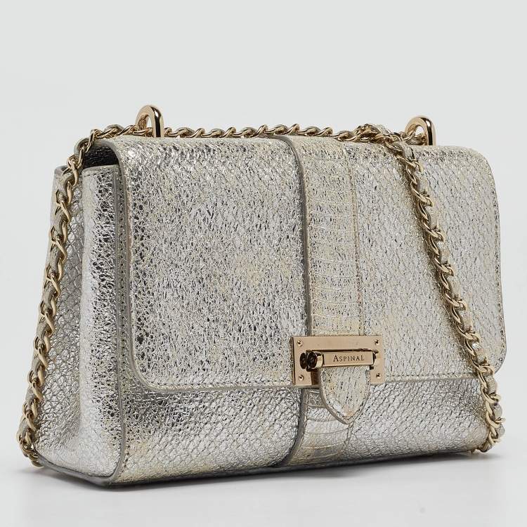 Pre Owned Aspinal Of London Silver Python Embossed Leather Small Lottie Shoulder Bag