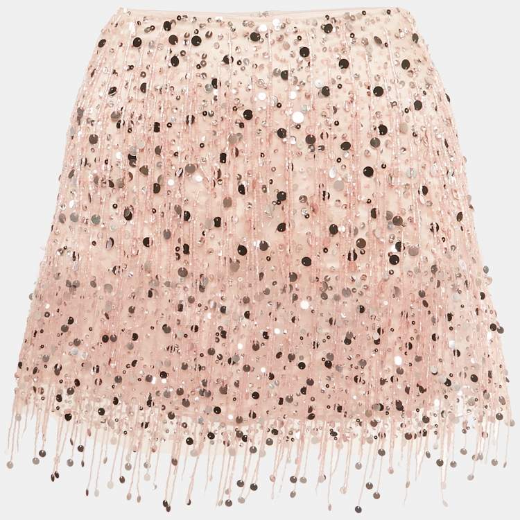 Pre Owned Asta Resort Pink Embellished Mesh Yasmin Mini Skirt M