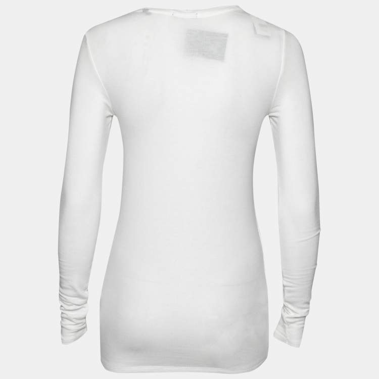 Pre Owned ATM White Rib Knit Long Sleeve Round Neck Top M