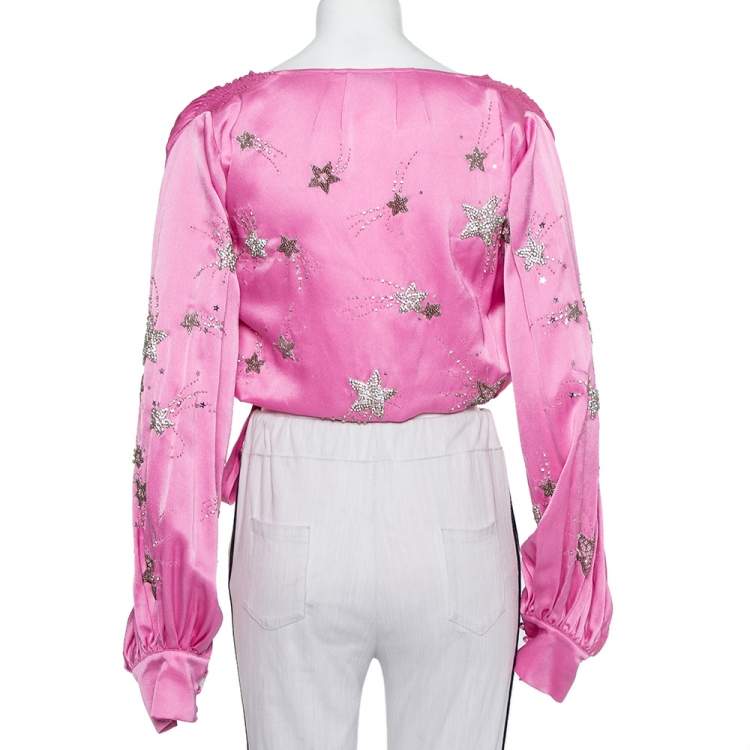 Pre Owned Attico Pink Satin Bead Embellished Wrap Blouse S