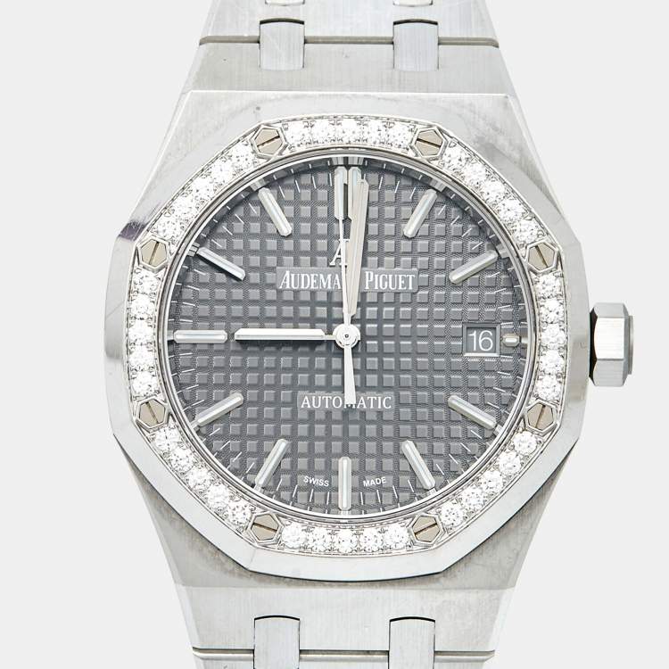 Pre Owned Audemars Piguet Grey Ruthenium “Grande Tapisserie” Stainless Steel Diamond Royal Oak 5451ST.ZZ.1256ST.02 Unisex Wristwatch 37 mm