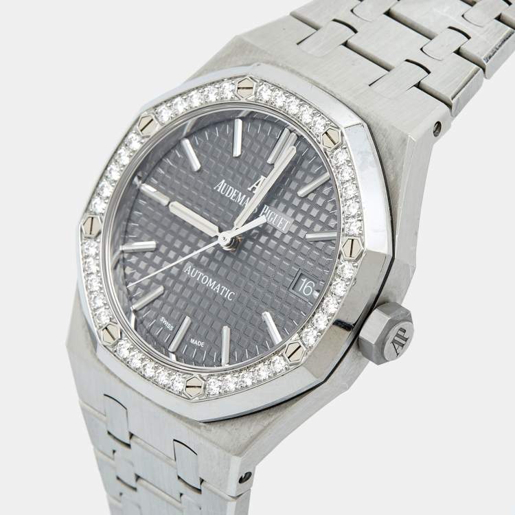 Pre Owned Audemars Piguet Grey Ruthenium “Grande Tapisserie” Stainless Steel Diamond Royal Oak 5451ST.ZZ.1256ST.02 Unisex Wristwatch 37 mm