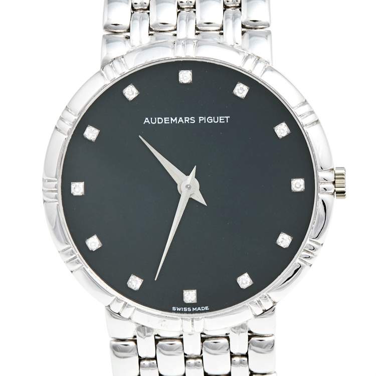 Pre Owned Audemars Piguet Black Dial 18K White Gold Diamonds Classique Vintage Women's Wristwatch 31 mm