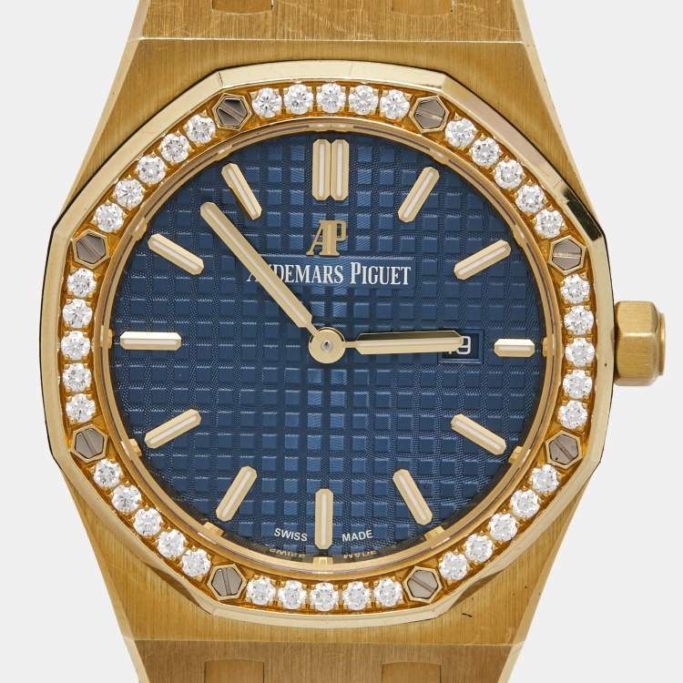 Pre Owned Audemars Piguet Blue 18k Yellow Gold Diamond  Royal Oak 67651BA.ZZ.1261BA.02 Women's Wristwatch 33 mm 