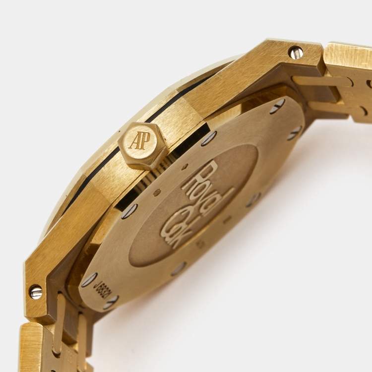 Pre Owned Audemars Piguet Blue 18k Yellow Gold Diamond  Royal Oak 67651BA.ZZ.1261BA.02 Women's Wristwatch 33 mm 