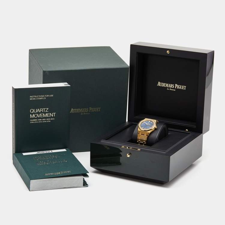 Pre Owned Audemars Piguet Blue 18k Yellow Gold Diamond  Royal Oak 67651BA.ZZ.1261BA.02 Women's Wristwatch 33 mm 