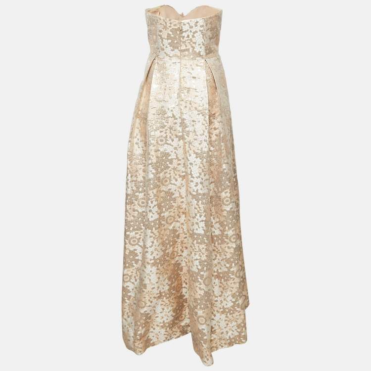 Pre Owned Badgley Mischka Rose Gold Sequin Embellished Brocade Strapless Gown M