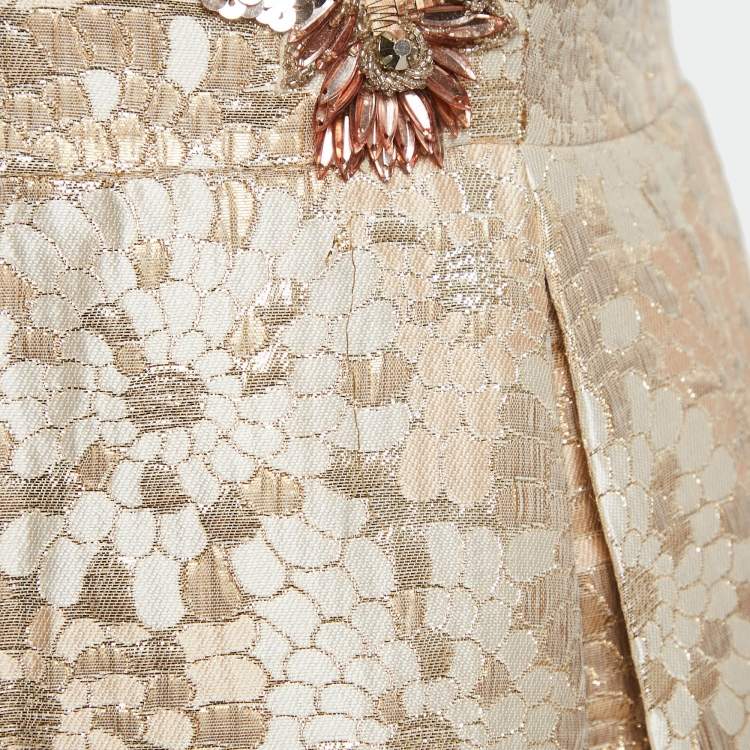 Pre Owned Badgley Mischka Rose Gold Sequin Embellished Brocade Strapless Gown M