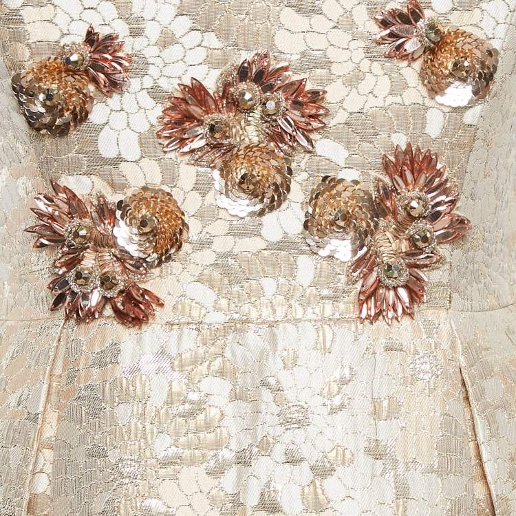 Pre Owned Badgley Mischka Rose Gold Sequin Embellished Brocade Strapless Gown M