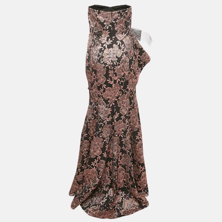 Pre Owned Badgley Mischka Black/Metallic Floral Jacquard Ruffled Strapless Gown M