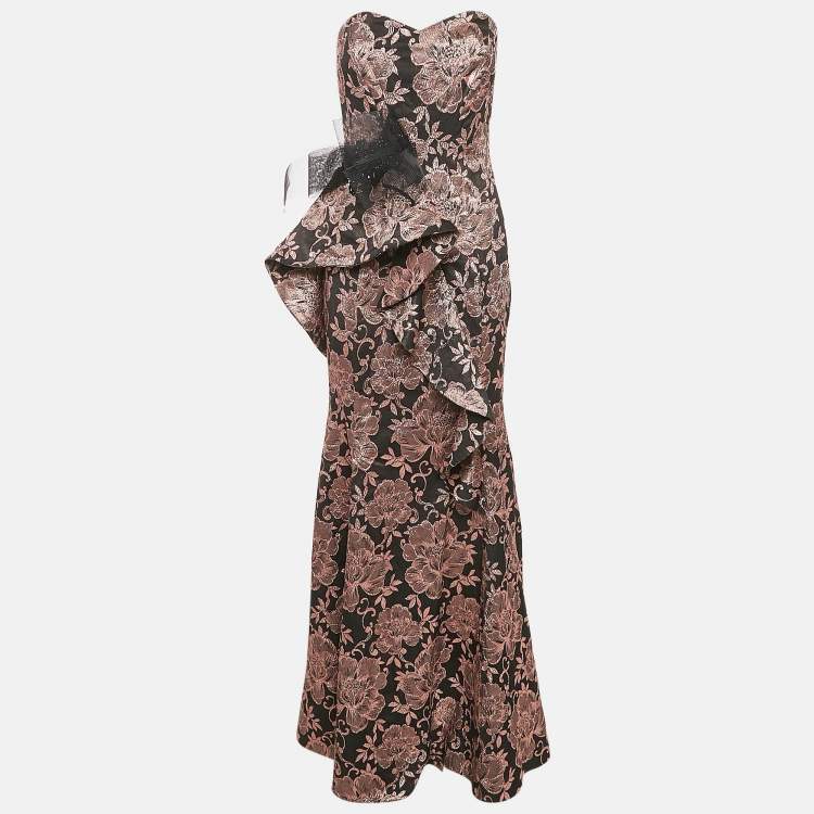 Pre Owned Badgley Mischka Black/Metallic Floral Jacquard Ruffled Strapless Gown M