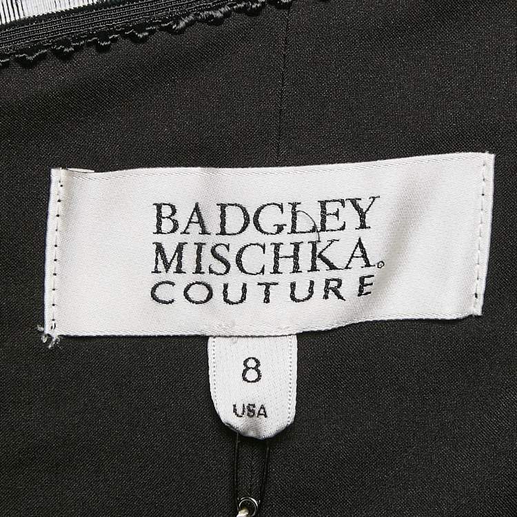 Pre Owned Badgley Mischka Black/Metallic Floral Jacquard Ruffled Strapless Gown M