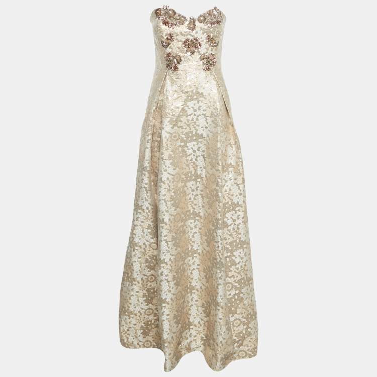 Pre Owned Badgley Mischka Gold Sequin Embellished Brocade Strapless Gown L