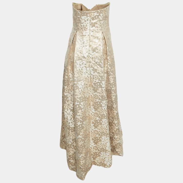 Pre Owned Badgley Mischka Gold Sequin Embellished Brocade Strapless Gown L